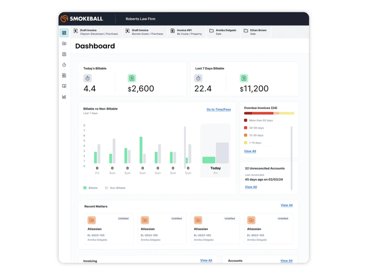 Smokeball practice management software with client messaging and billing