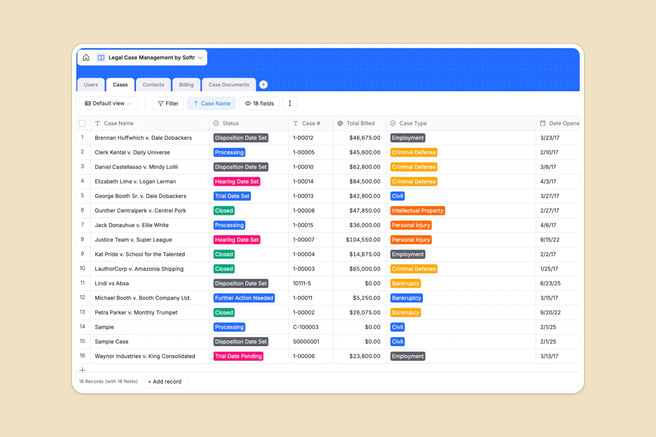 Softr Legal Case Management database showing case details, client information, and billing records