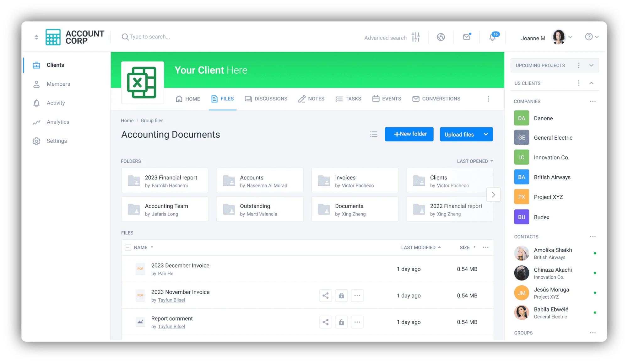 Clinked branded client portal with document sharing and task management