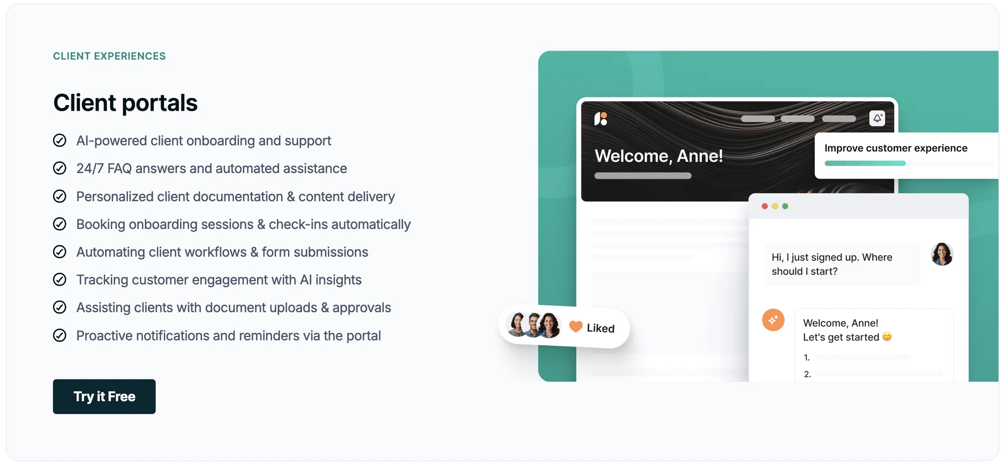 FuseBase branded client workspace with nested folders and AI assistant