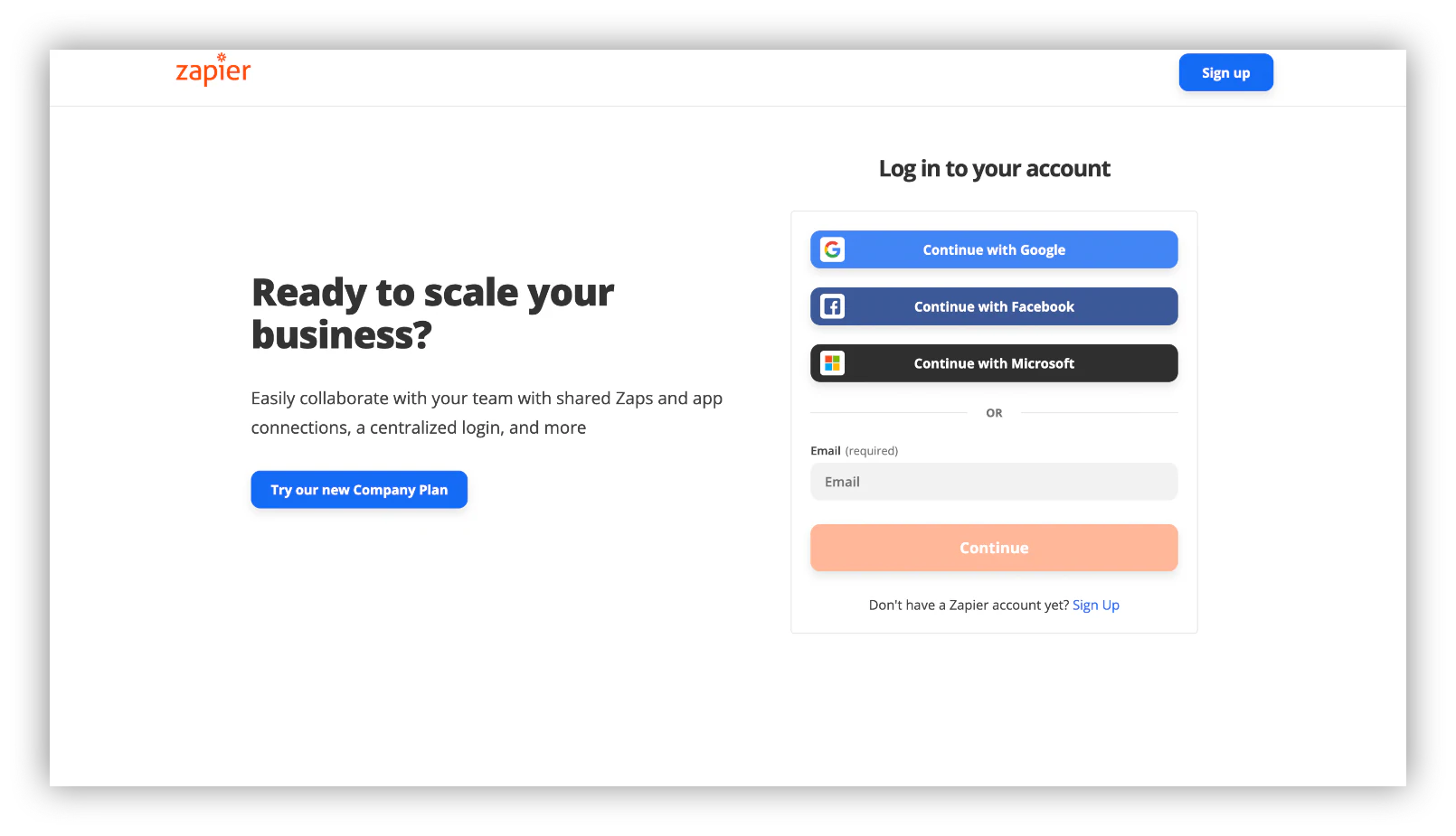 Zapier sign in/sign up page
