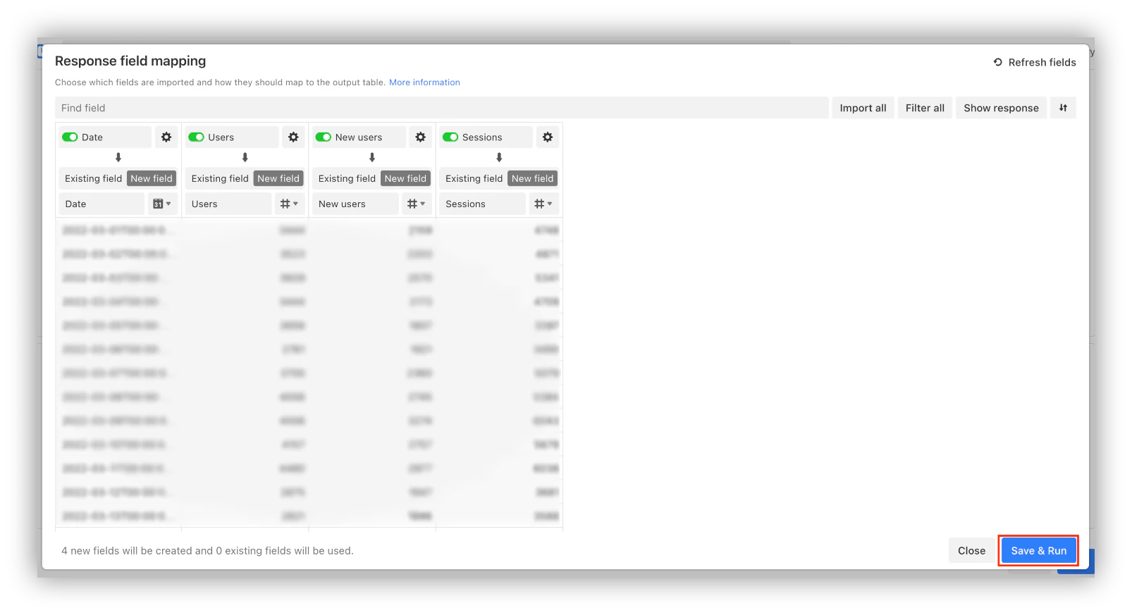 Mapping Google Analytics response fields to Airtable fields in Data Fetcher