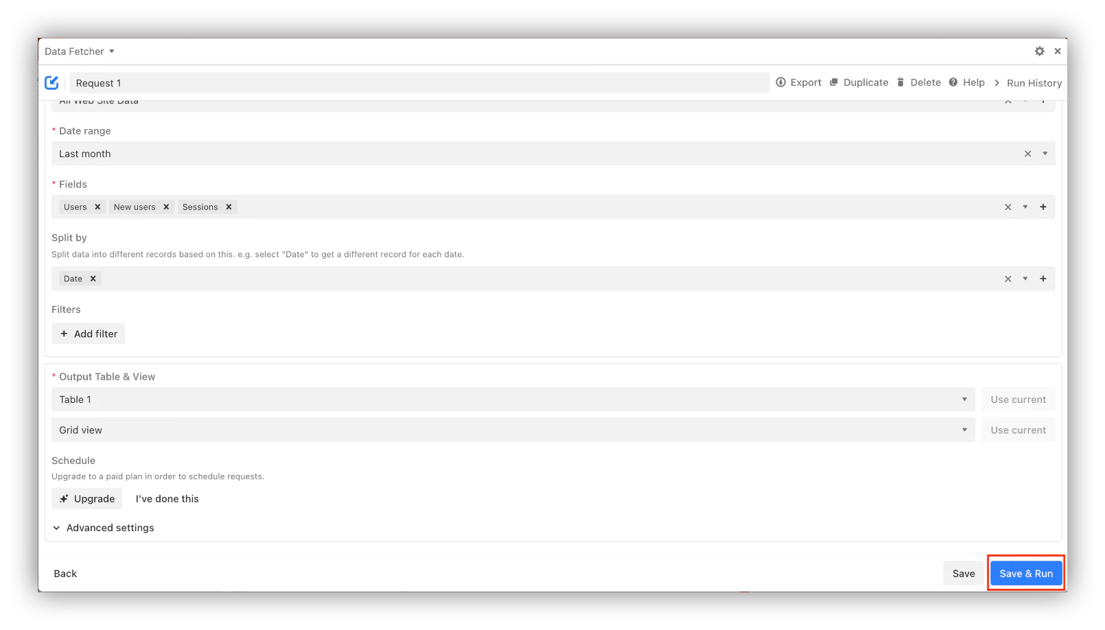 Request page "Save & Run" button