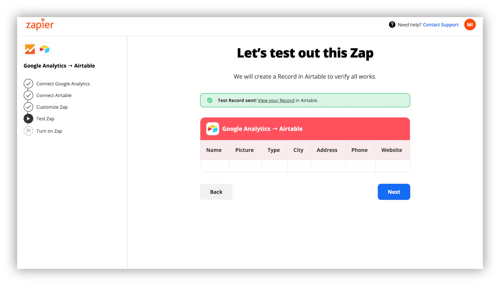 Test record sent successfully