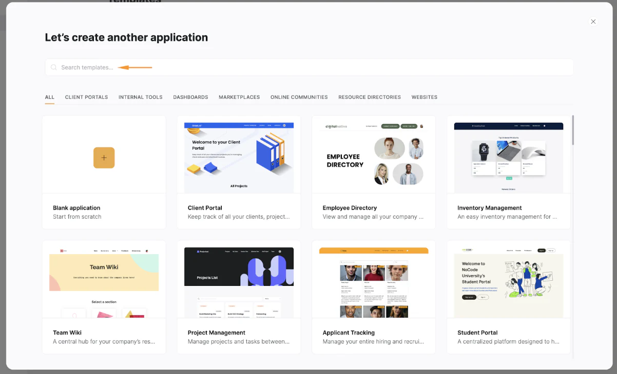 Softr template gallery with search bar for finding a project management template
