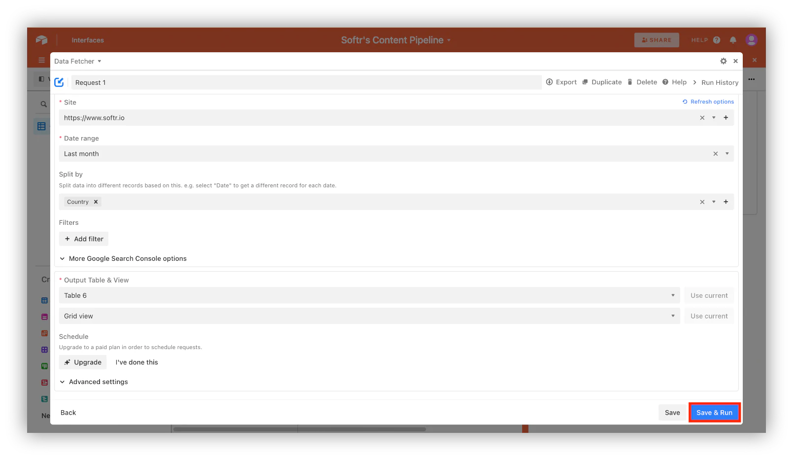 Save and run a Data Fetcher request to pull Search Console data
