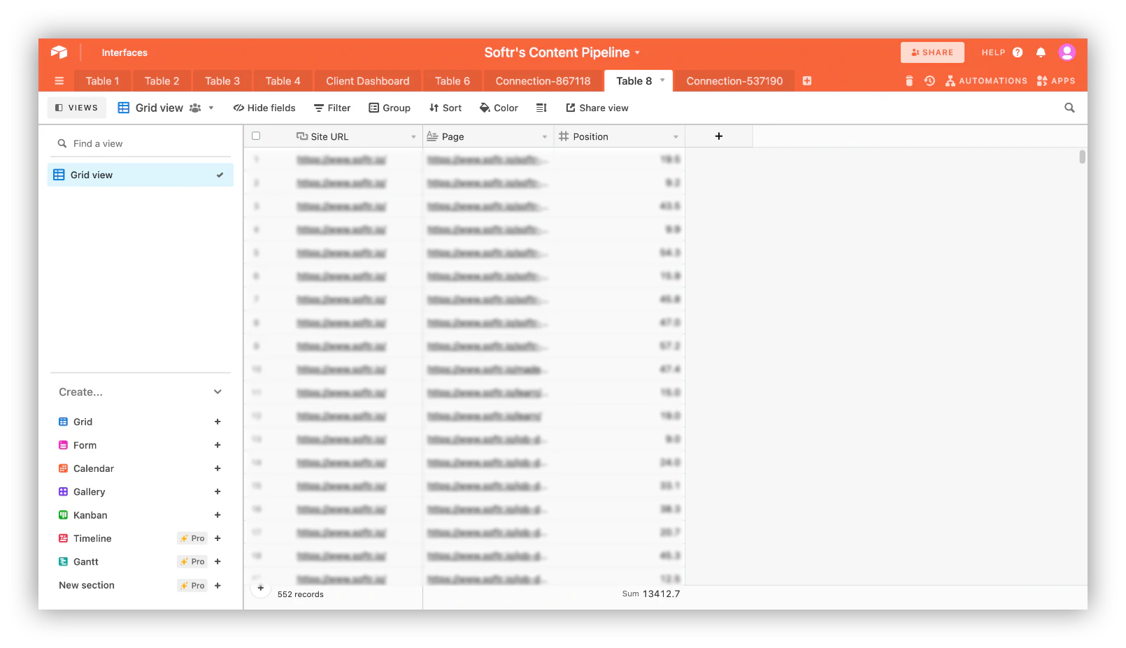 Imported Google Search Console data synced into an Airtable base
