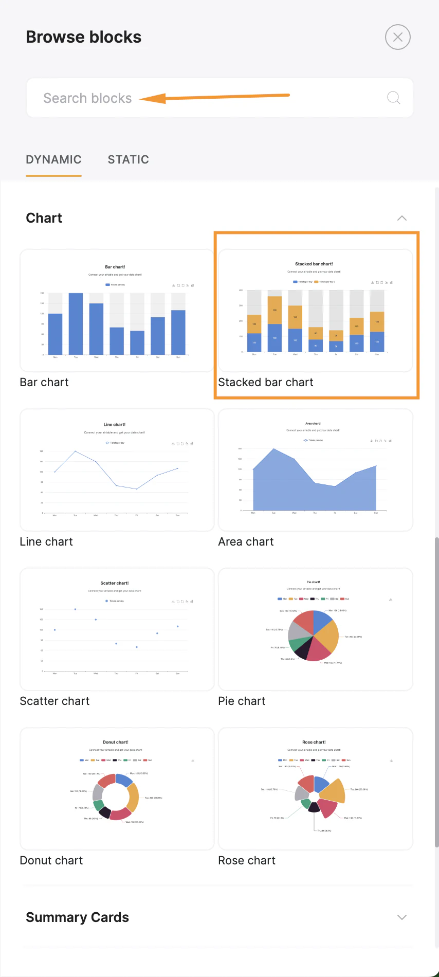 Softr block picker showing the Stacked bar chart option under Chart blocks