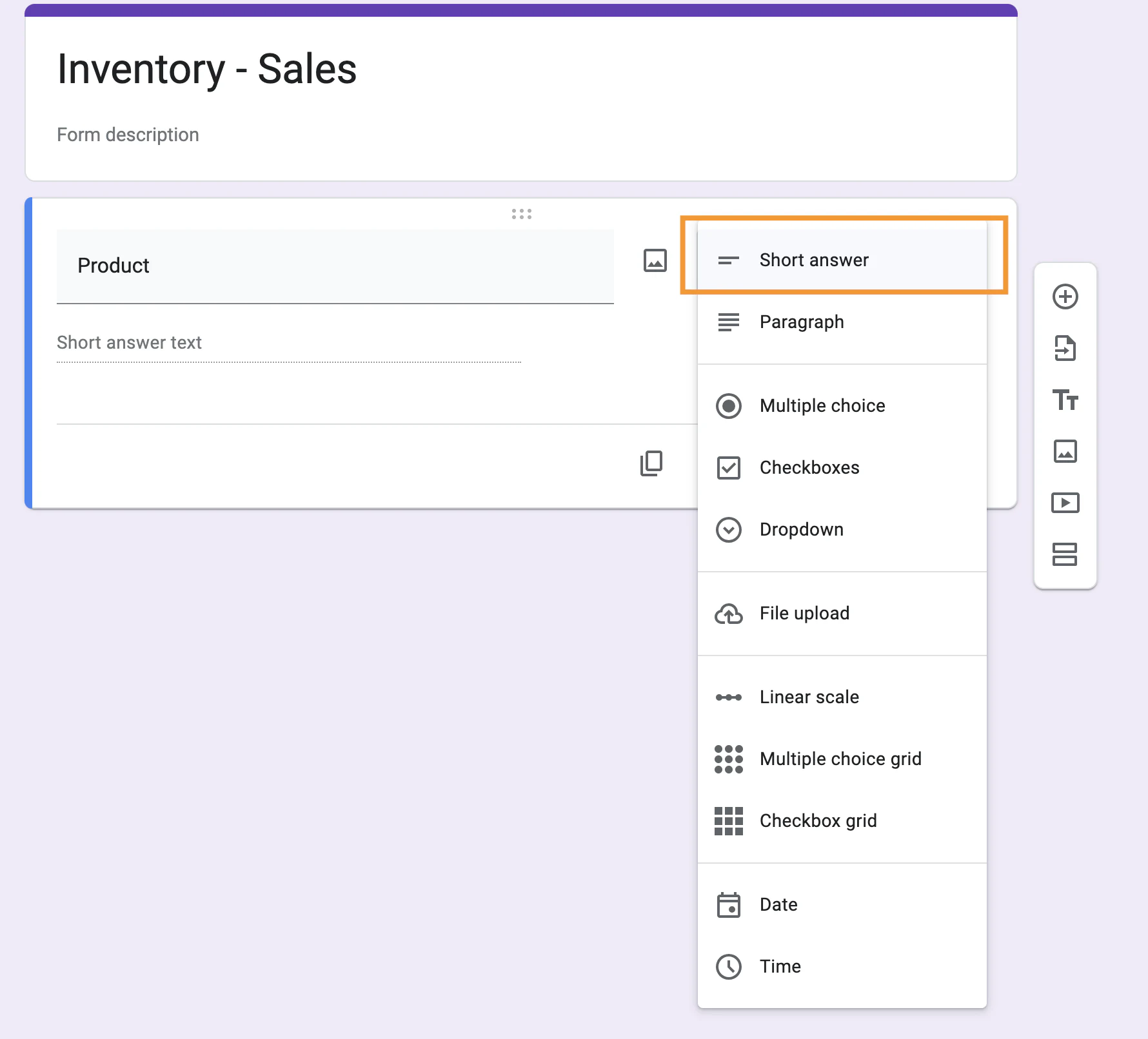 Changing the field type of a question to short answer in Google Forms