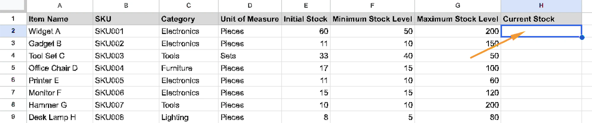 First cell of the Current Stock column selected in a Google Sheets inventory tracker