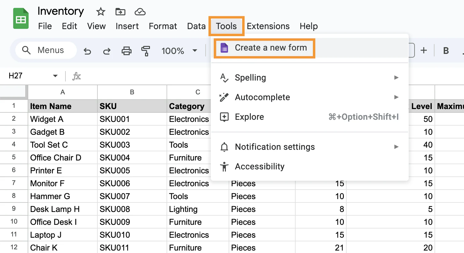 Creating a new form directly from the Tools menu in Google Sheets