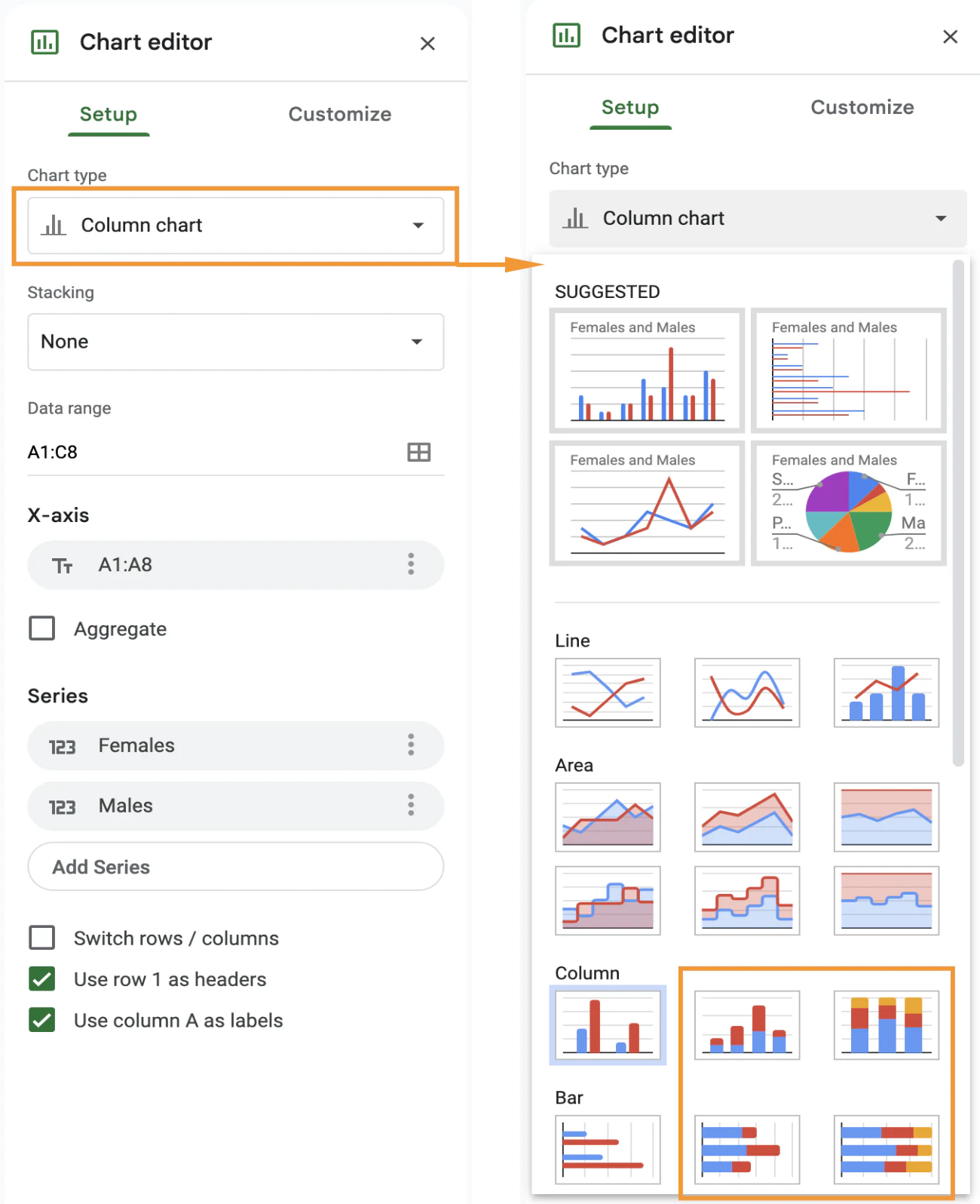 Chart type dropdown showing the stacked column chart option in Google Sheets