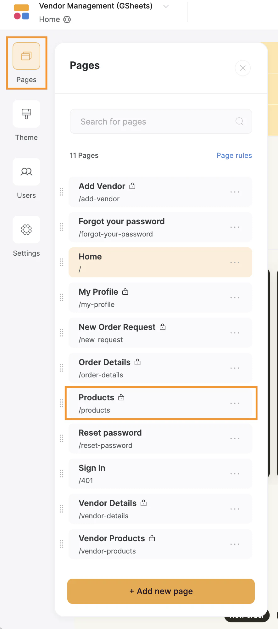 Pages panel in Softr Studio with the Products page selected