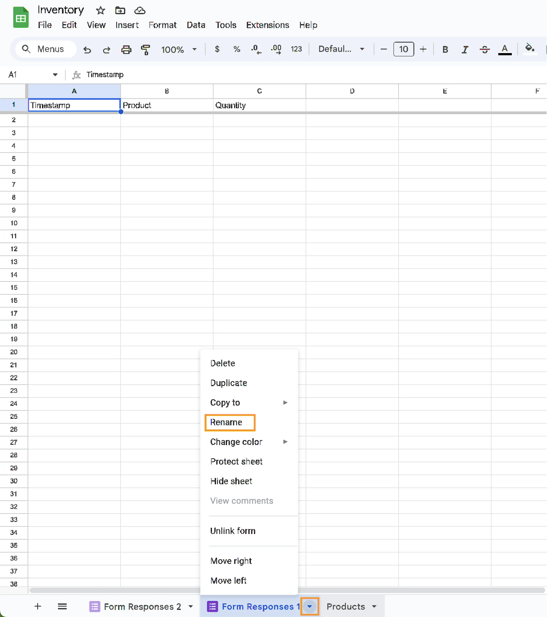 Renaming a sheet tab in Google Sheets to Sales