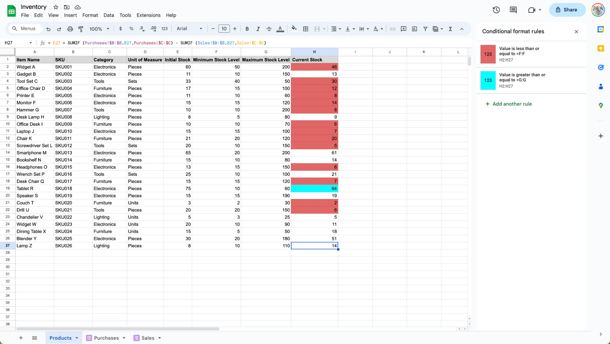 Finished inventory management spreadsheet with conditional formatting highlighting stock levels