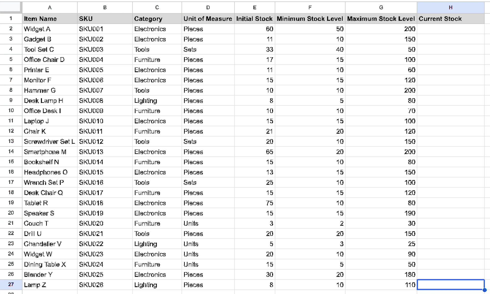 Google Sheets inventory data populated under each header column