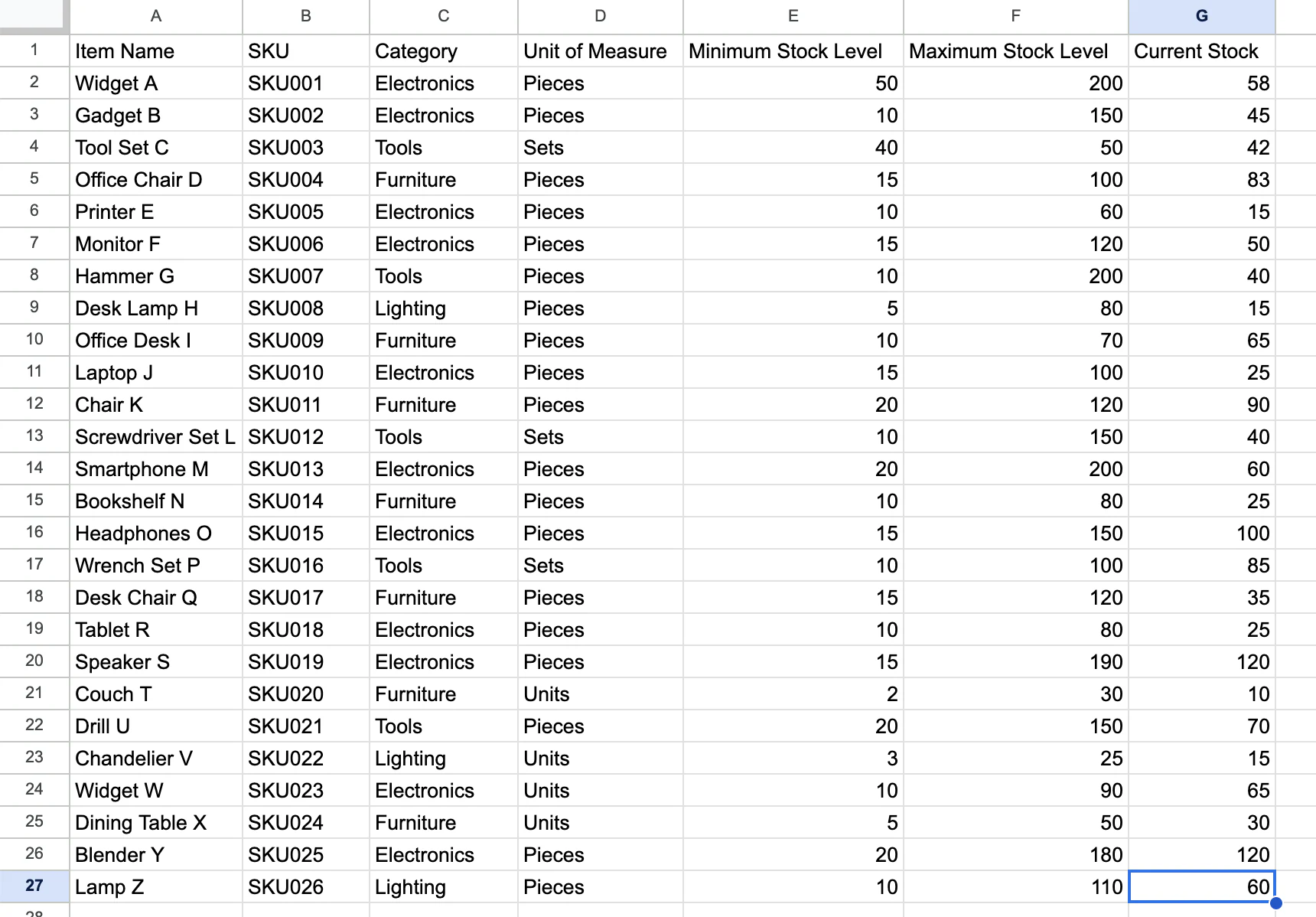 Google Sheets inventory rows populated with product data under each column header