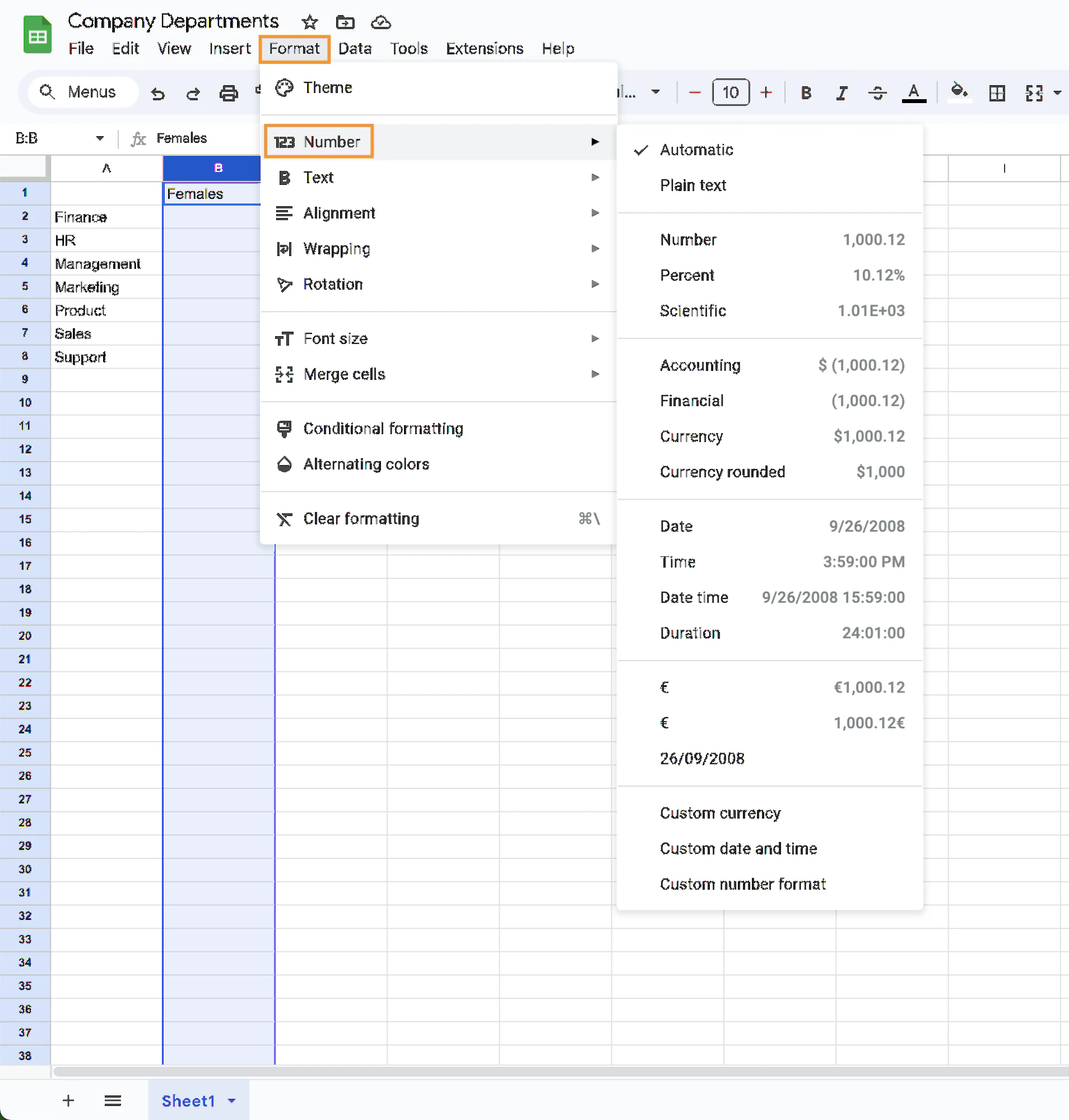Format menu used to verify column data types in Google Sheets