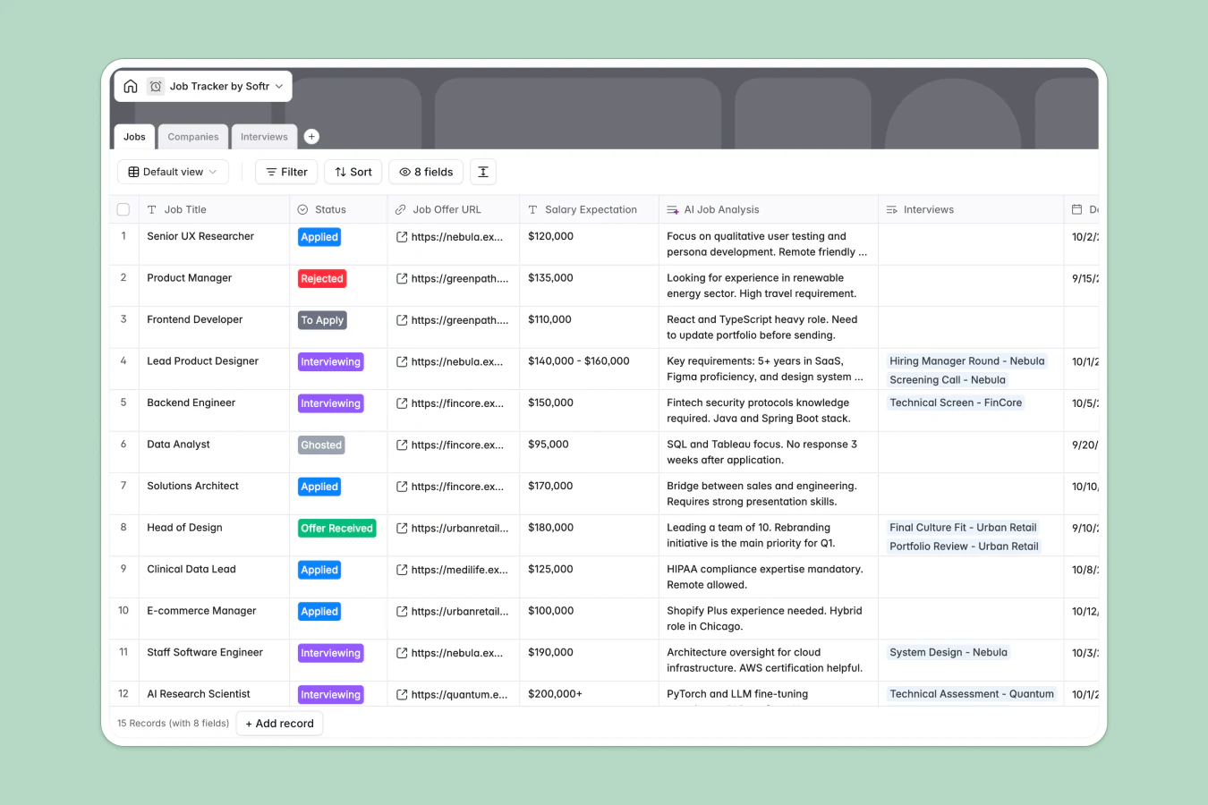 Job Tracker database in Softr organizing job applications, interview logs, and company information