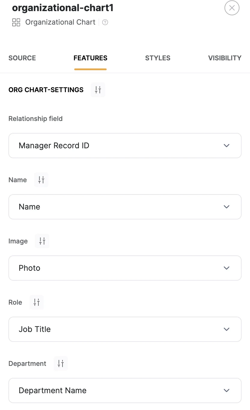Softr org chart field mapping panel connecting spreadsheet columns to chart roles