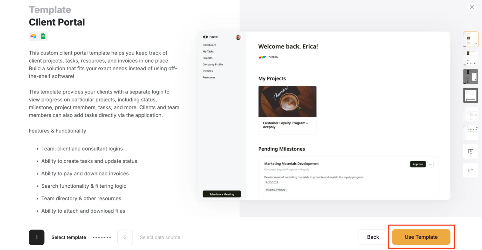 Softr Client Portal Template selection screen for building a Google Sheets-based app