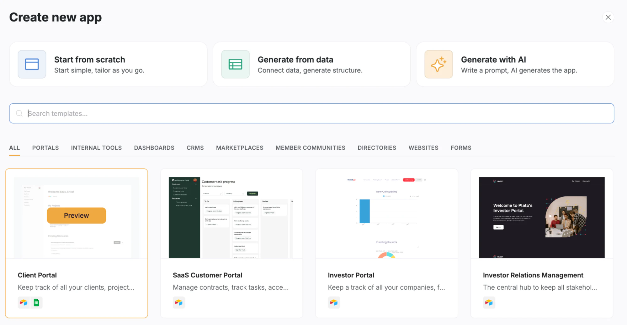 Softr template gallery showing pre-built app templates you can customize with your own Google Sheets data