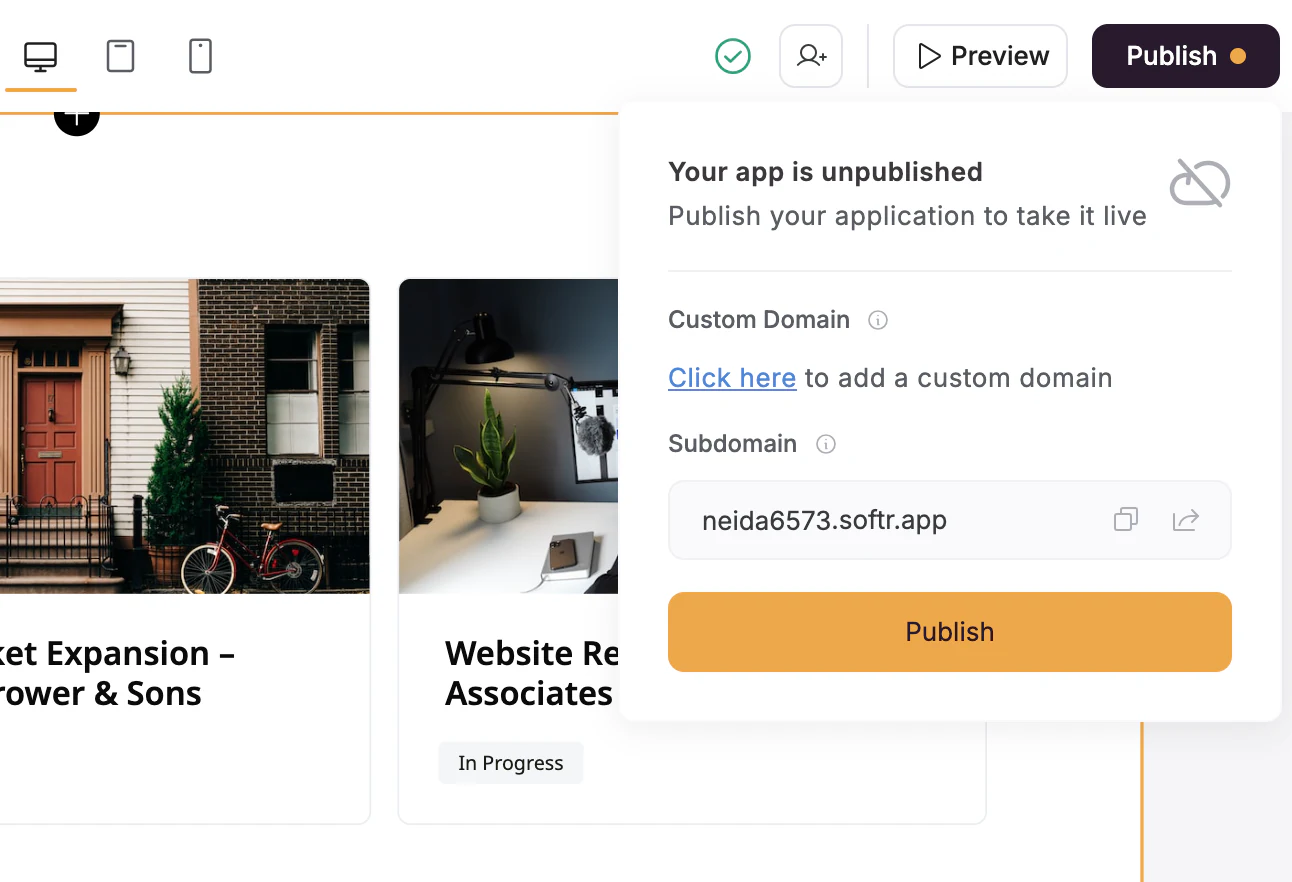 Softr Publish button used to make a Google Sheets-powered app live