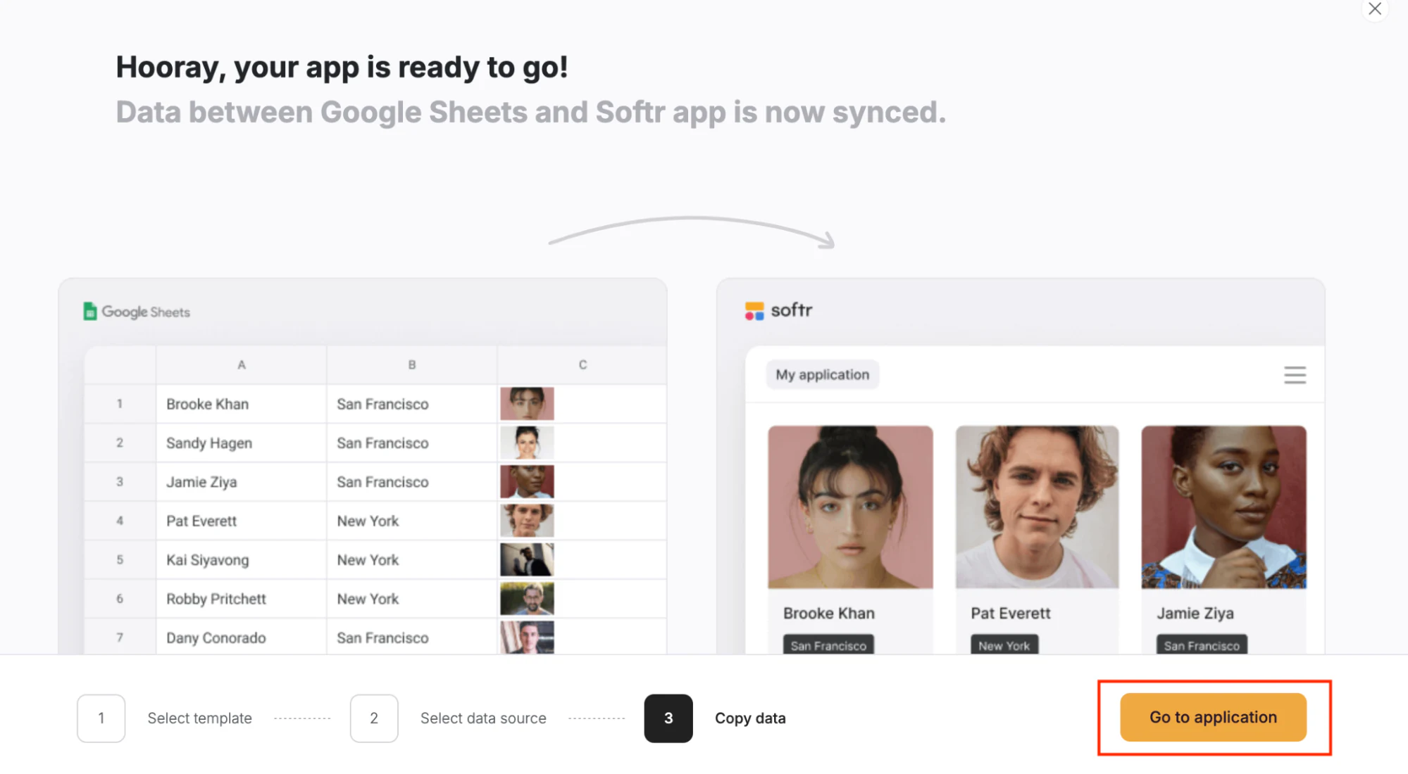 Confirmation screen showing a Google Sheets account successfully connected to a Softr app