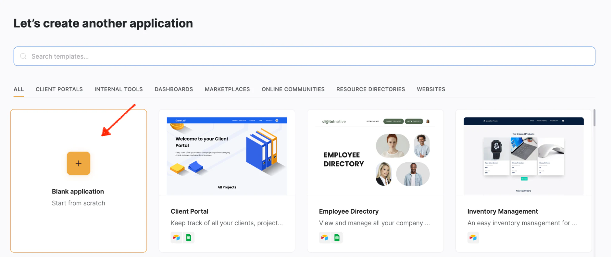 Creating a blank Softr application from the dashboard