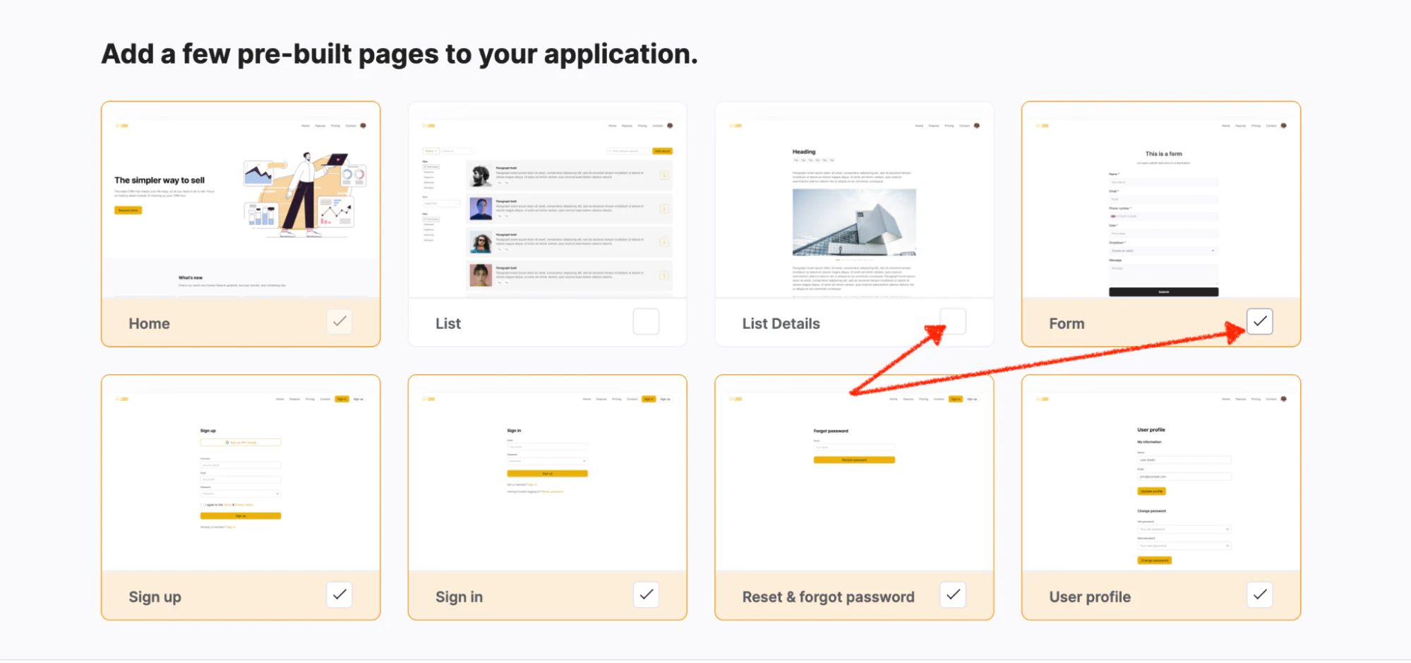 Selecting which prebuilt pages to include in a new Softr app