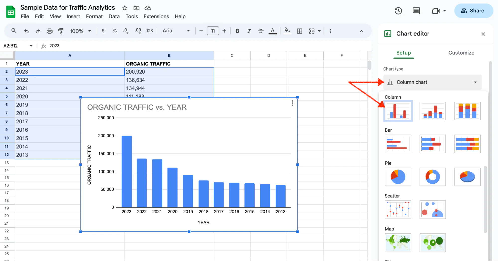 Step 3: Create a column chart