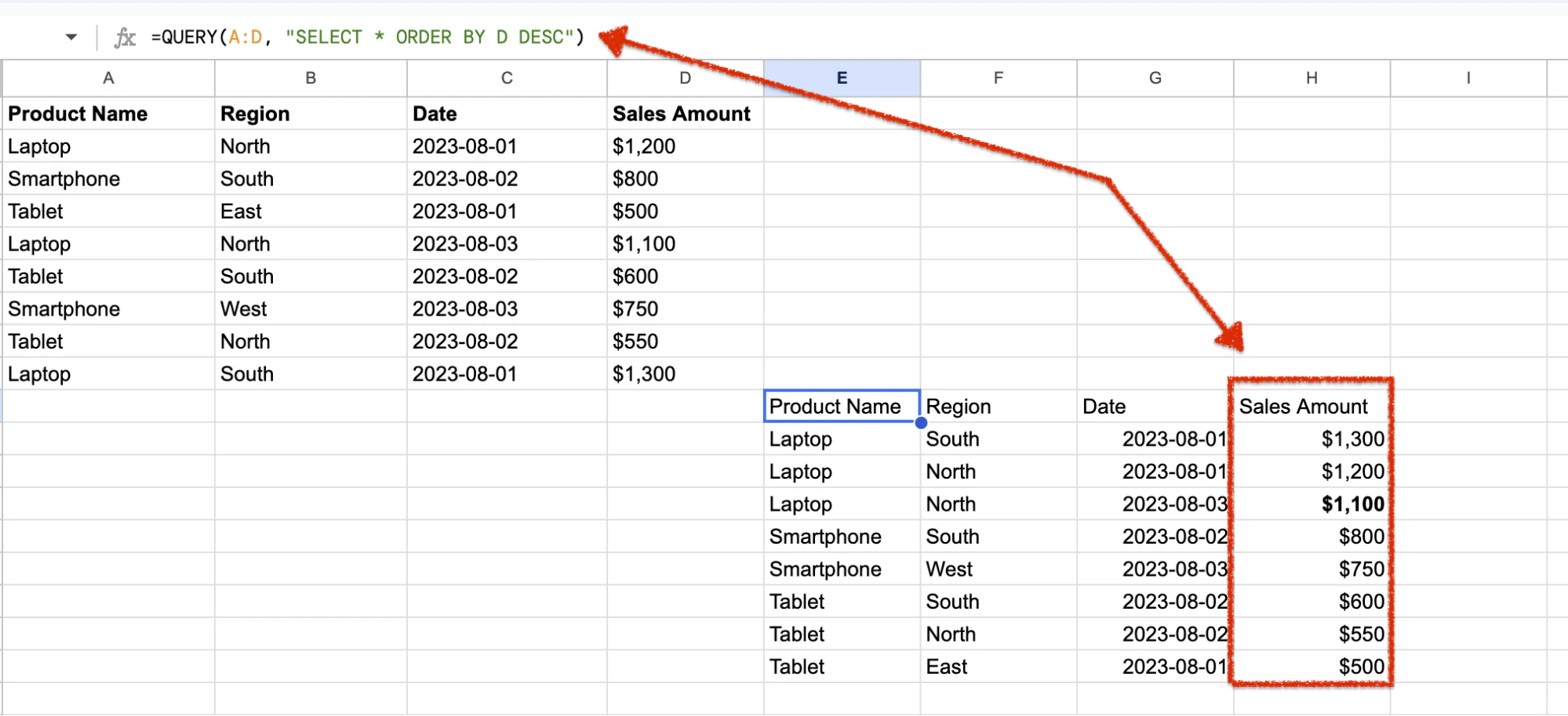 QUERY function result sorted by date in descending order using the ORDER BY clause in Google Sheets