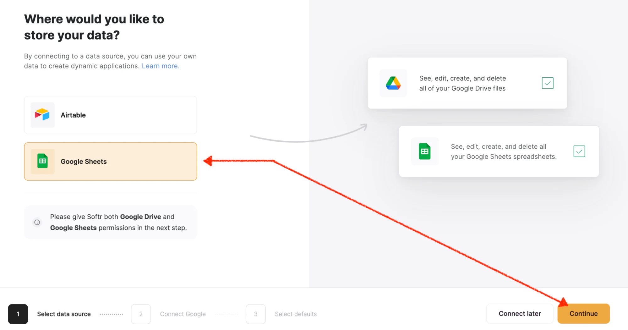 Selecting Google Sheets as the data source when connecting a Softr app