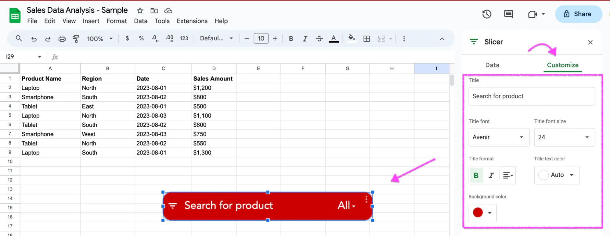 Customize tab for a Google Sheets slicer showing title, font, and background color options