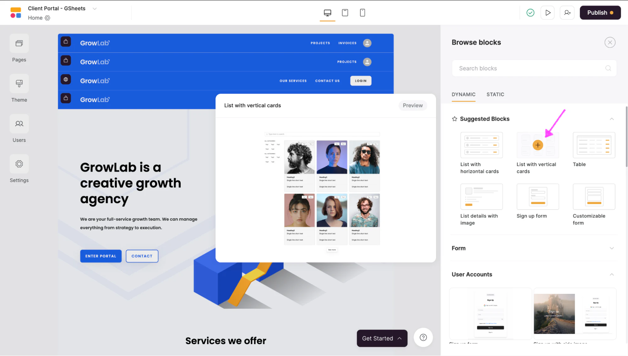 Softr block menu with the List with vertical cards block selected to display client data