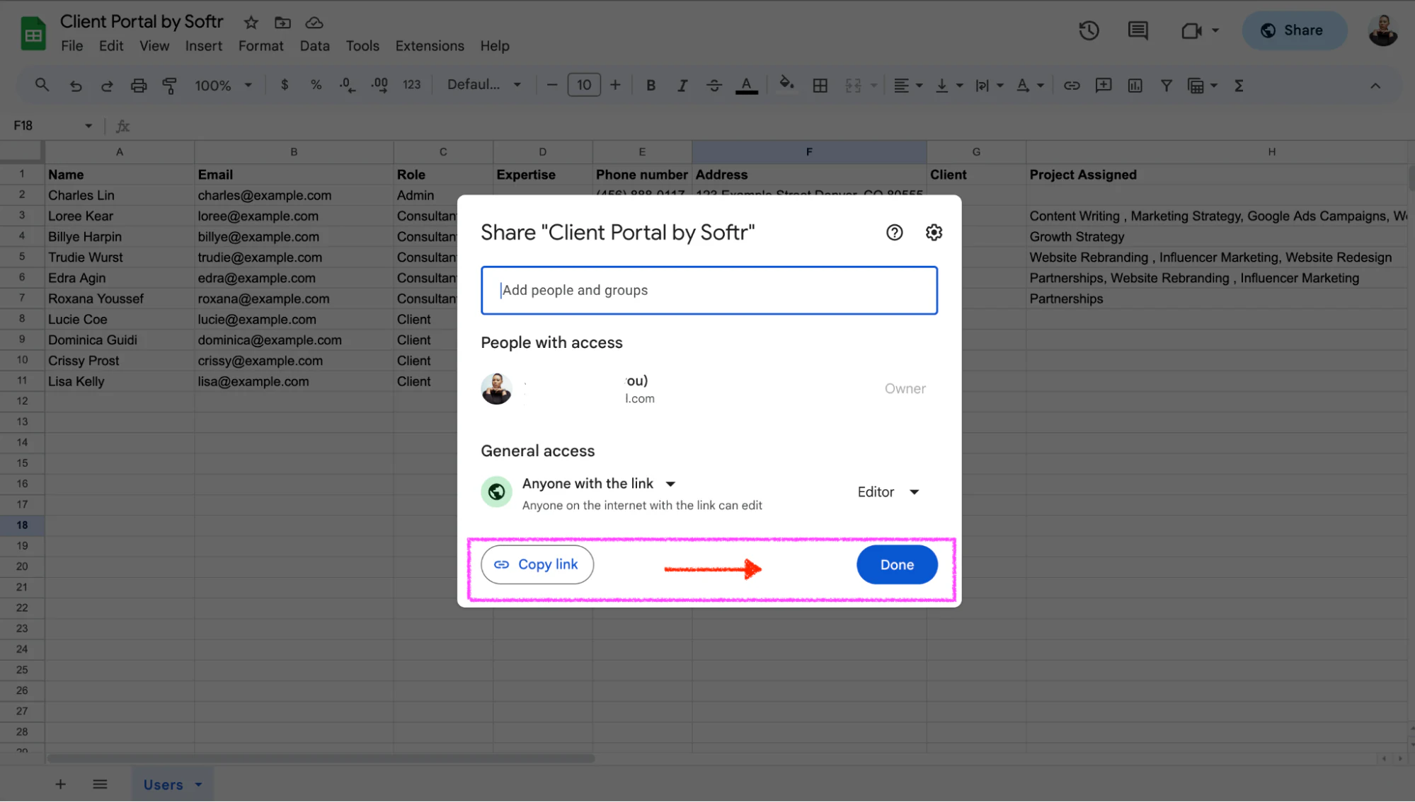 Done button in the Google Sheets share dialog confirming edit access for collaborators