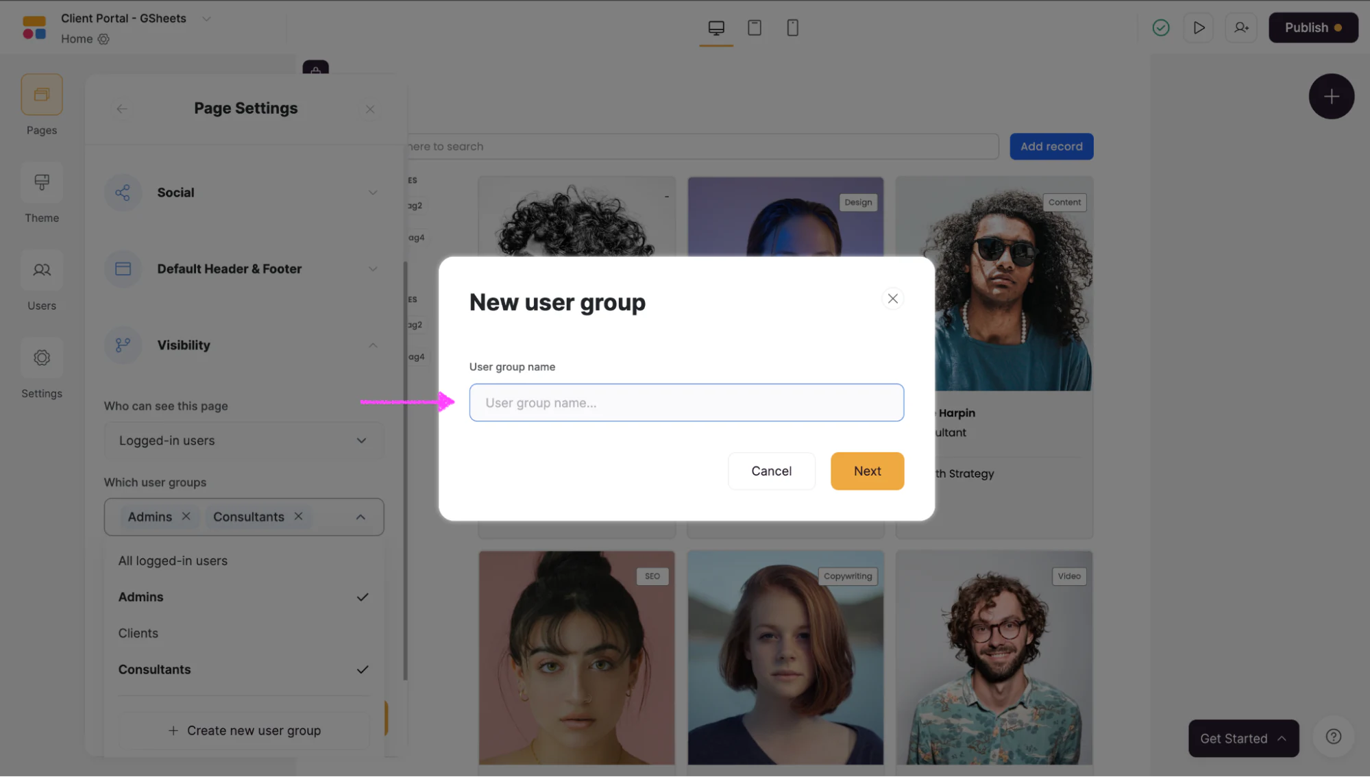Naming a new user group in Softr Studio, for example an Employees group