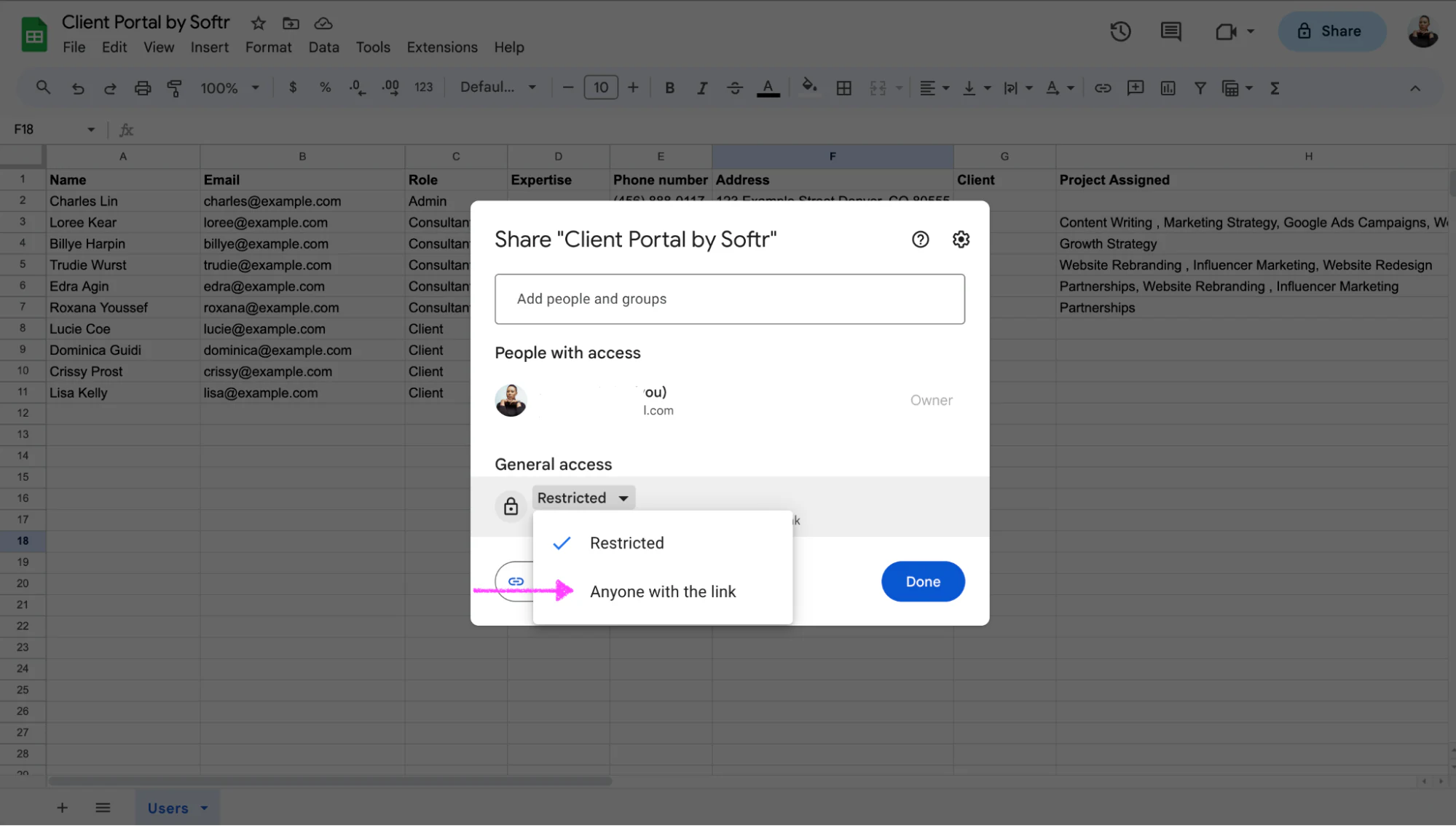 General access dropdown in Google Sheets switching from Restricted to Anyone with the link