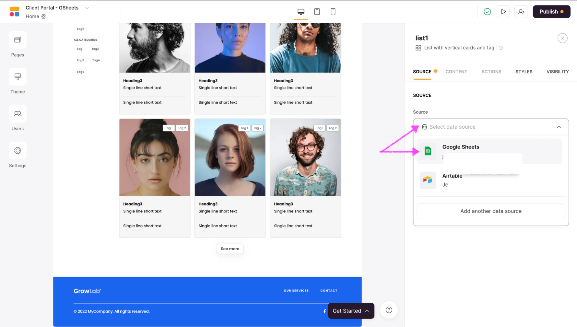 Connect data source option under the Source tab in a Softr block to choose the Google account
