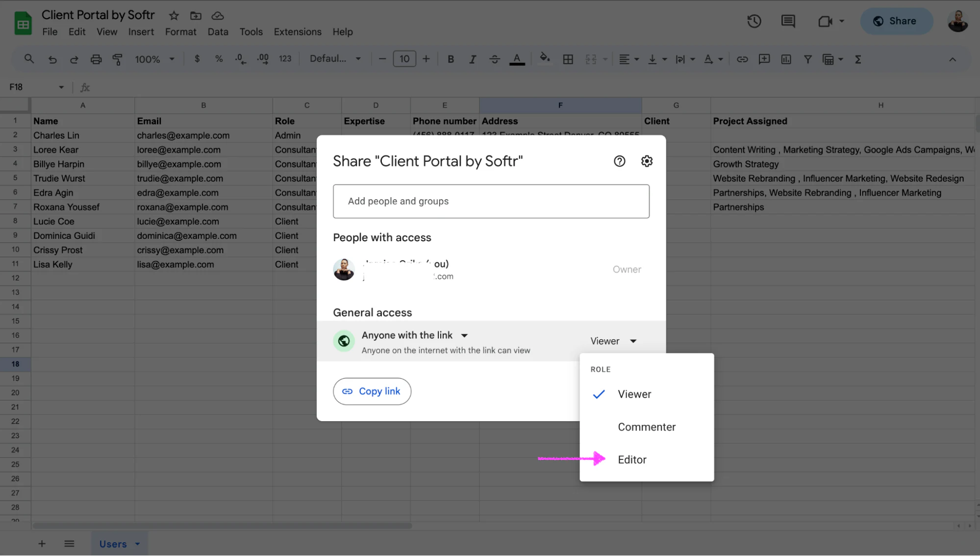 Role dropdown in Google Sheets general access changed from Viewer to Editor