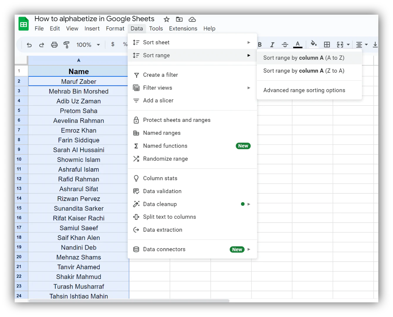 Selecting a range of cells in Google Sheets to check for duplicate values