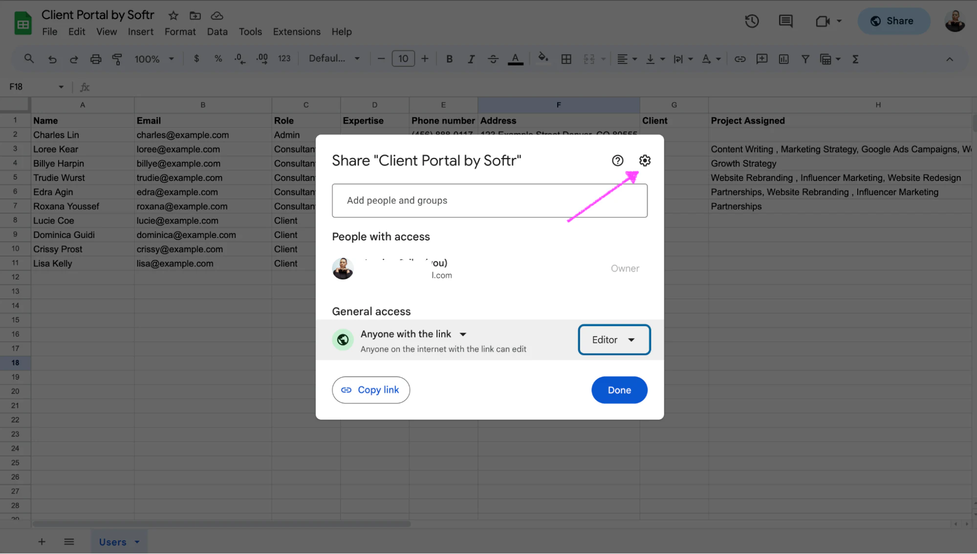 Settings gear icon at the top right of the Google Sheets share popup