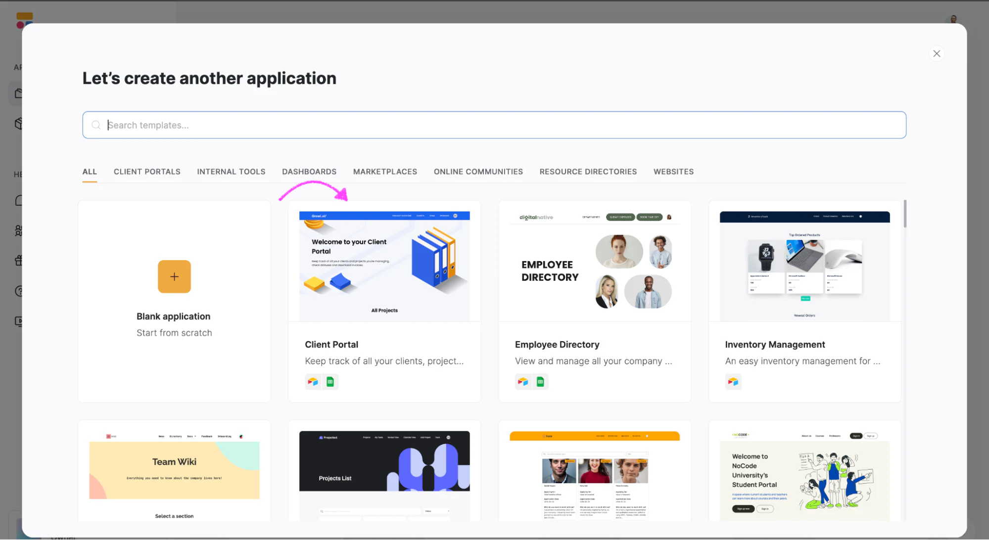 New Application button in the Softr dashboard to start building from a template