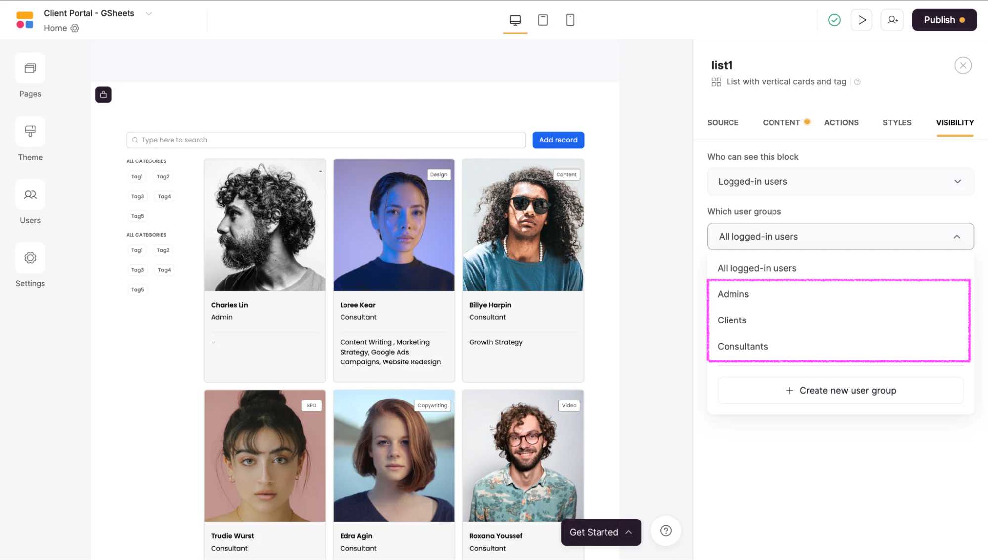 Which user group dropdown in Softr block visibility to pick a specific group of logged-in users