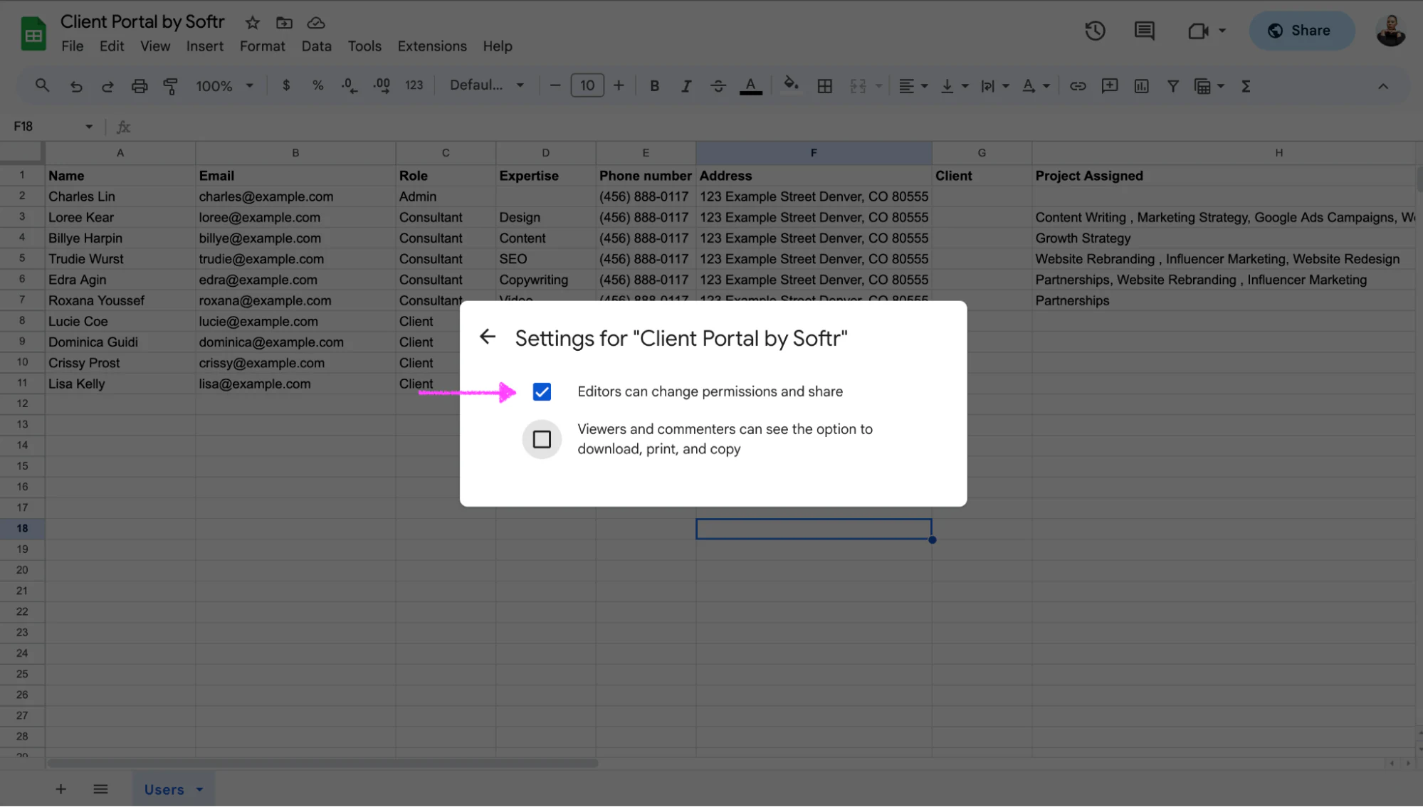 Editors can change permissions and share checkbox unchecked in Google Sheets settings