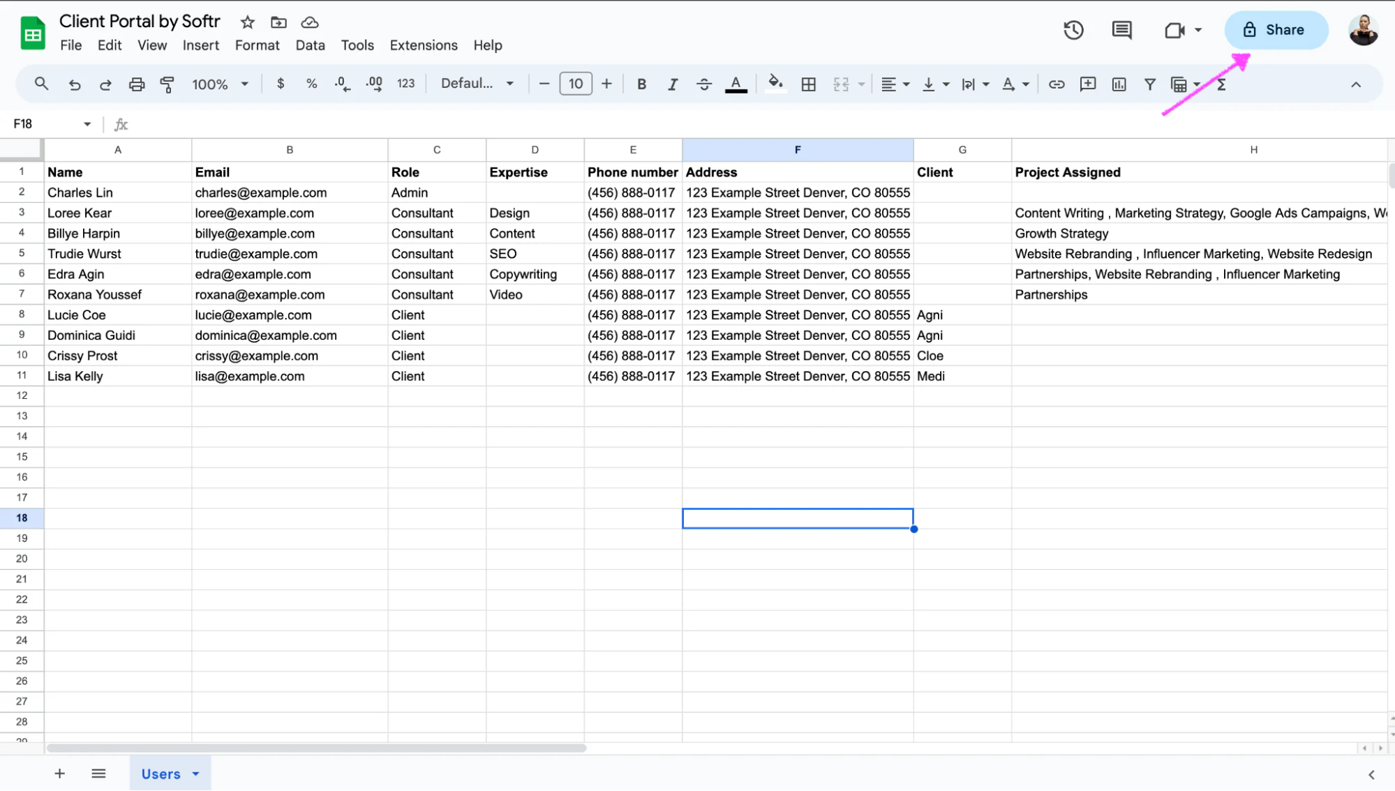 Blue Share button with a lock icon in the upper-right corner of a Google Sheets spreadsheet