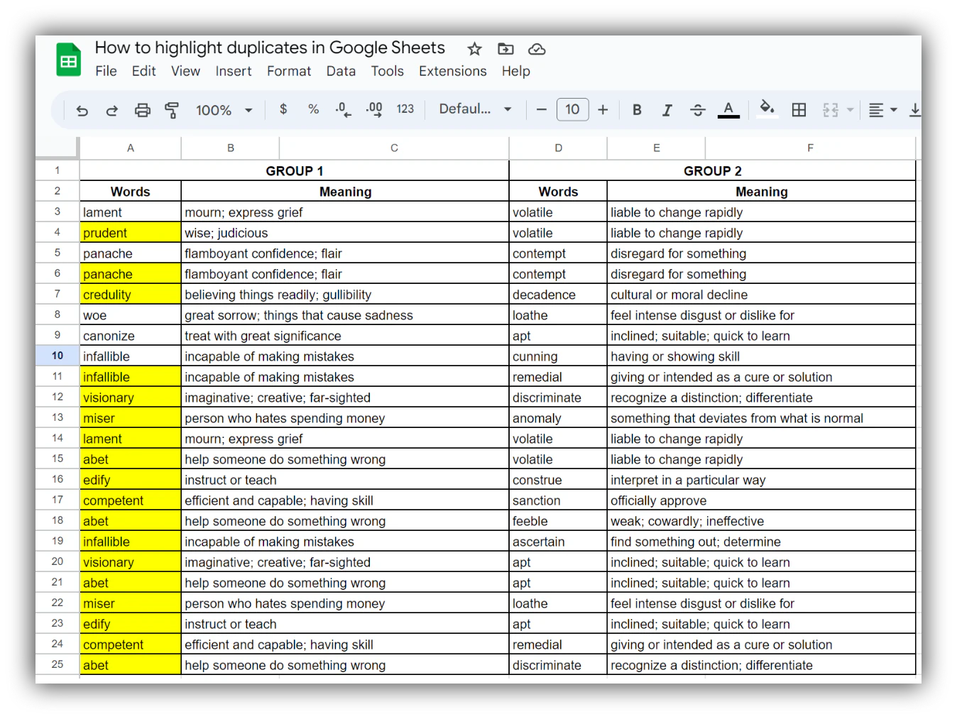 Google Sheets spreadsheet with duplicate values highlighted in yellow after applying conditional formatting