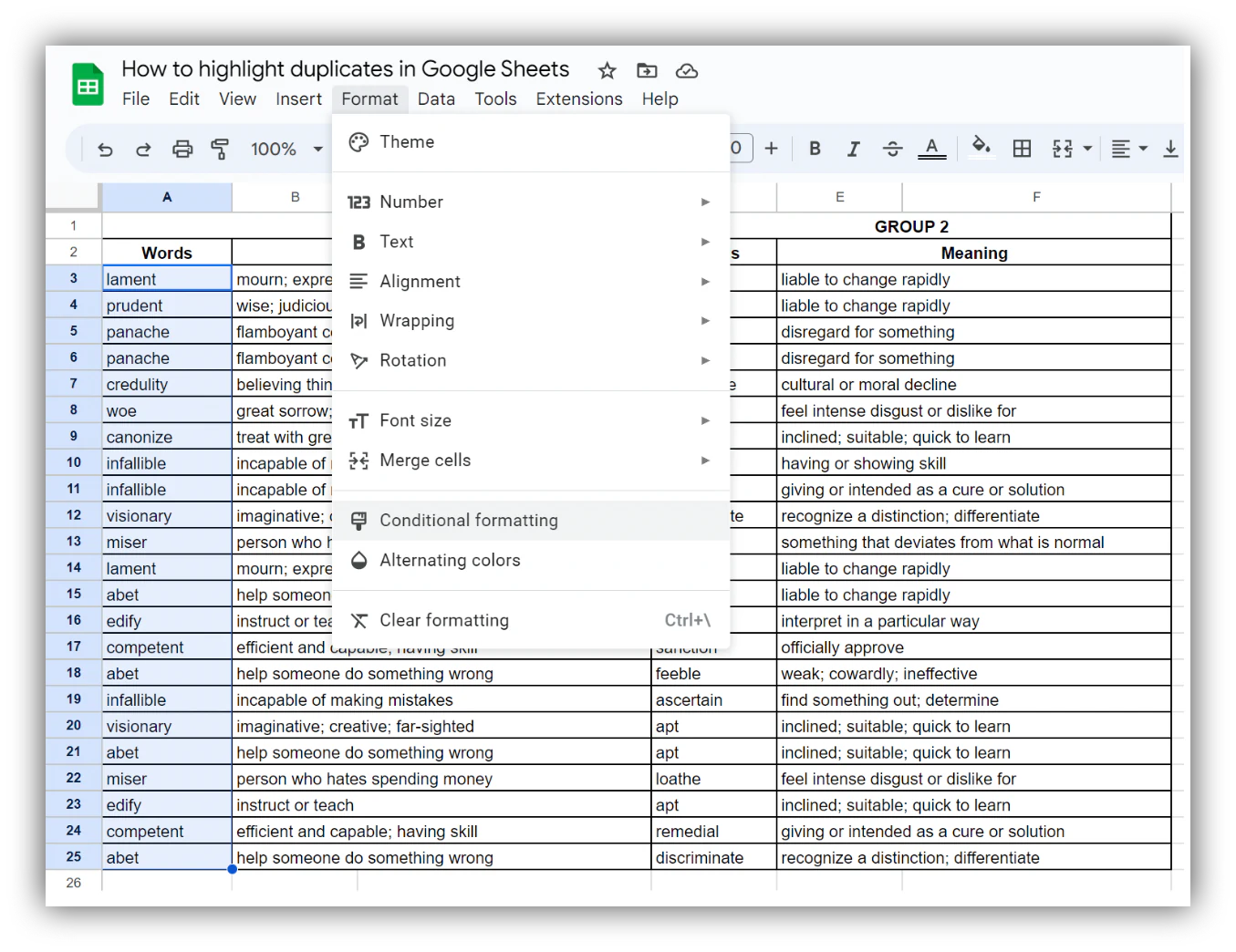 Opening the Conditional formatting menu from the Format tab in Google Sheets