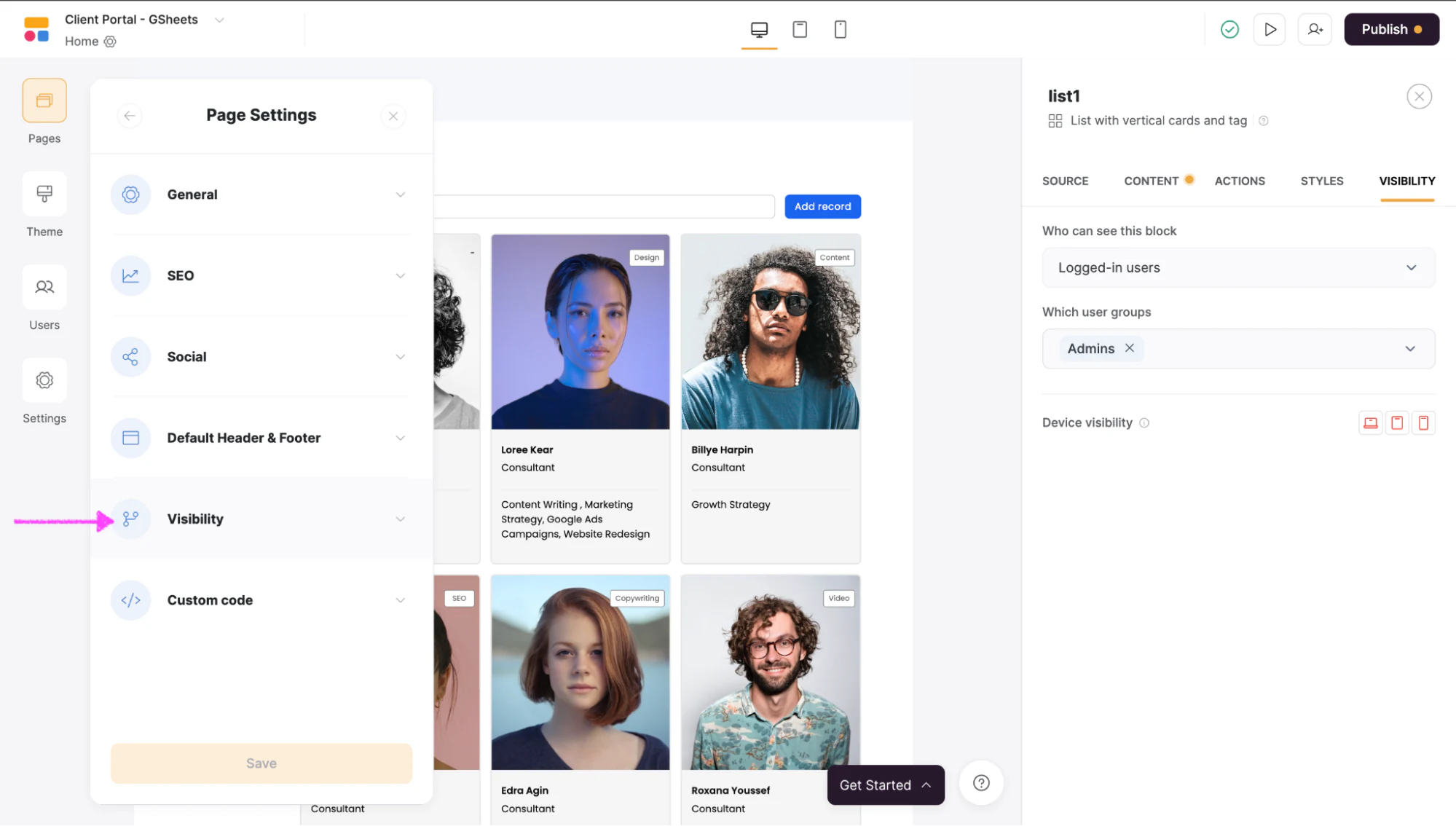 Visibility dropdown in a Softr page settings panel to choose who can view and edit the page