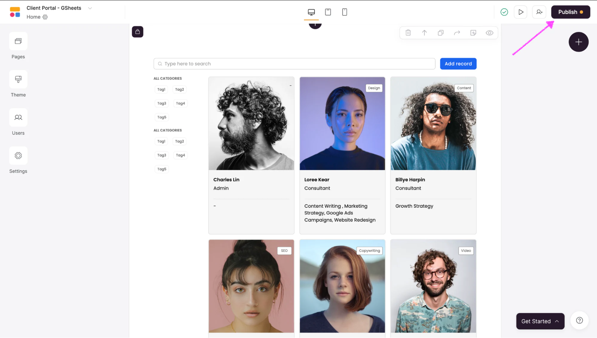 Publish button at the top right of Softr Studio to make the client portal live